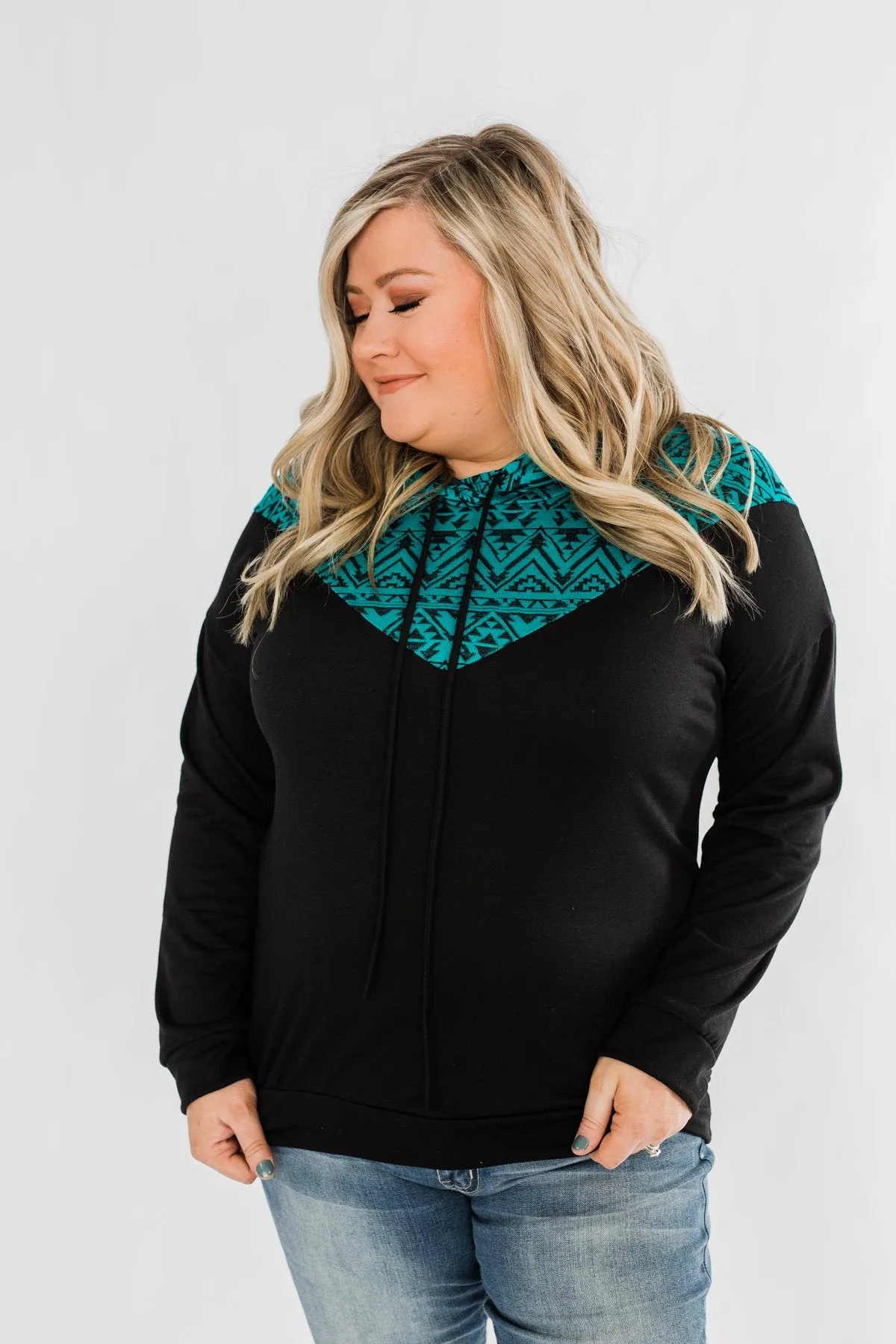 Nice To Meet You Aztec Hoodie- Black & Turquoise