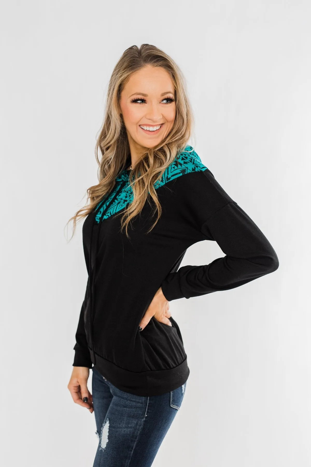 Nice To Meet You Aztec Hoodie- Black & Turquoise