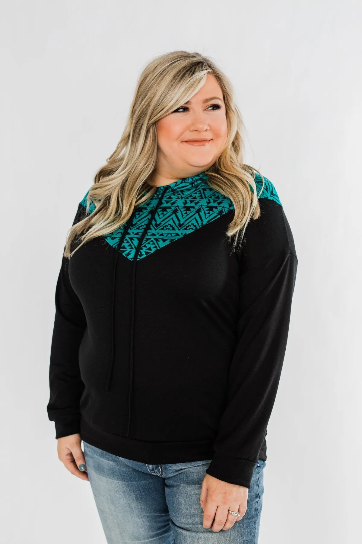 Nice To Meet You Aztec Hoodie- Black & Turquoise