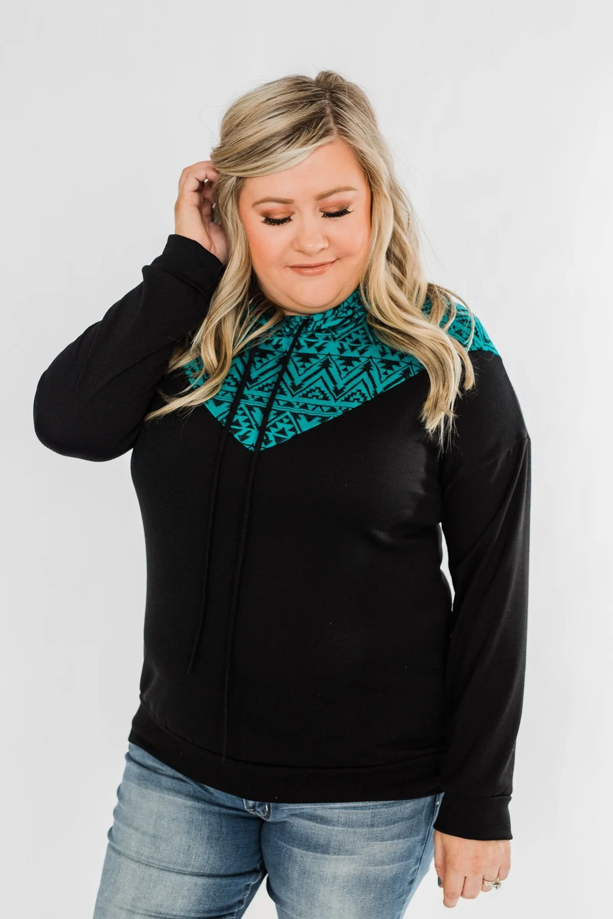 Nice To Meet You Aztec Hoodie- Black & Turquoise