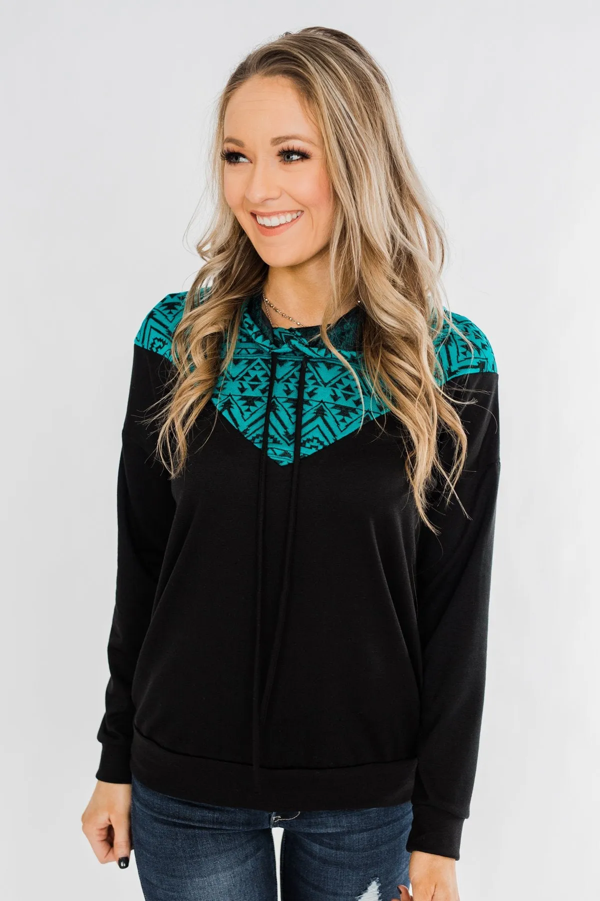 Nice To Meet You Aztec Hoodie- Black & Turquoise