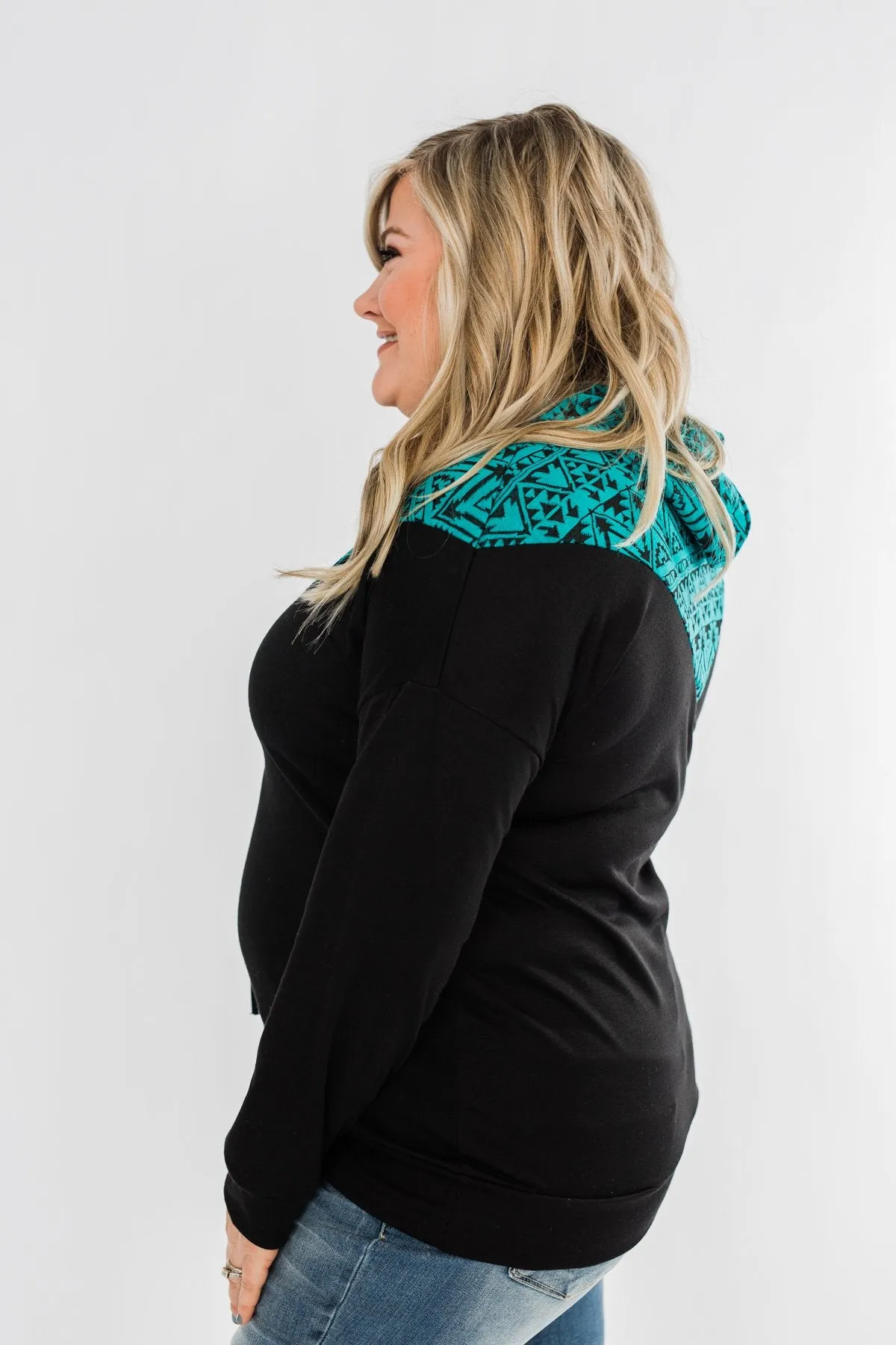 Nice To Meet You Aztec Hoodie- Black & Turquoise