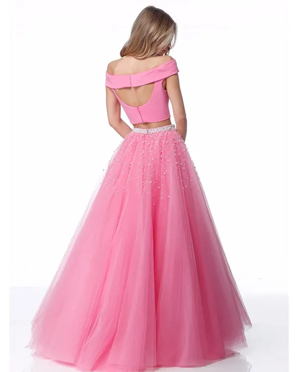 Off The Shoulder Tulle Prom Dresses with Pearls Fashion 2018 Two Piece Prom Dress Party Gowns