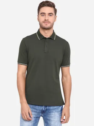 Olive Solid Slim Fit Polo T-Shirt | JadeBlue