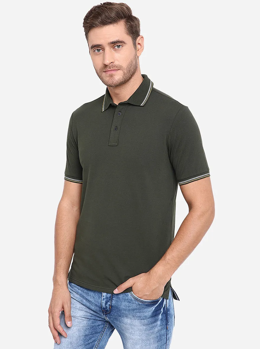 Olive Solid Slim Fit Polo T-Shirt | JadeBlue