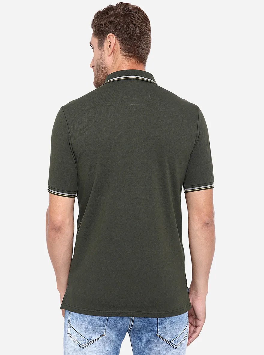Olive Solid Slim Fit Polo T-Shirt | JadeBlue