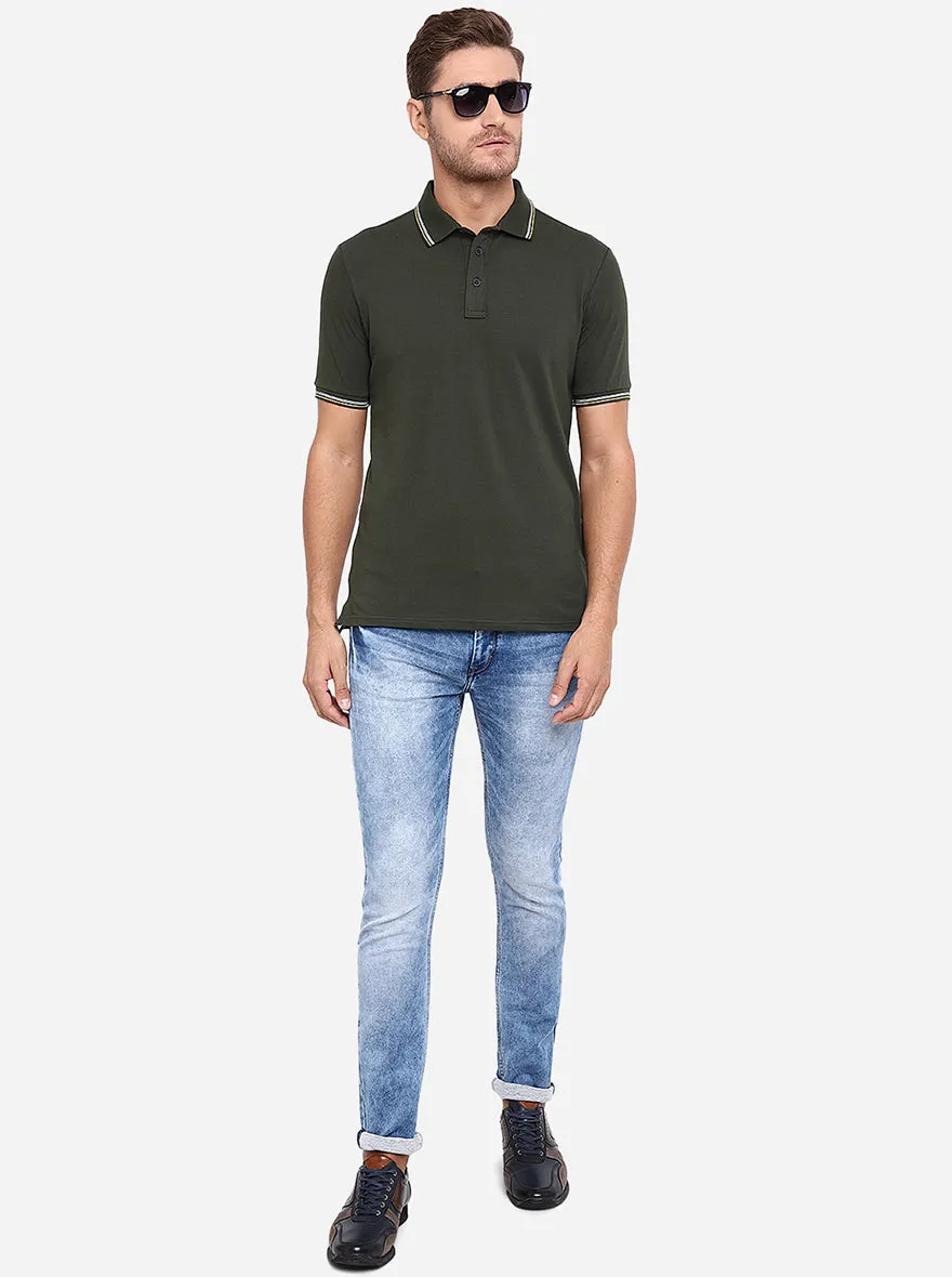Olive Solid Slim Fit Polo T-Shirt | JadeBlue
