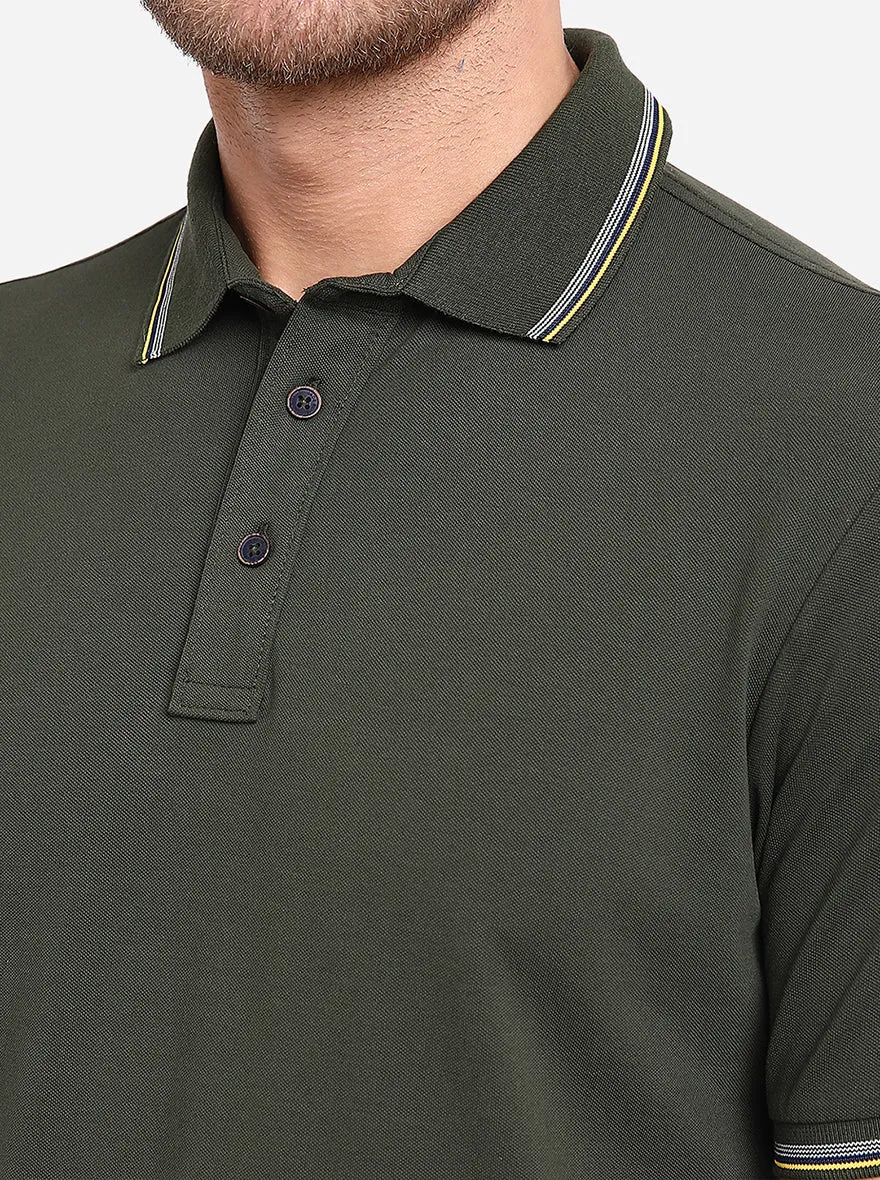 Olive Solid Slim Fit Polo T-Shirt | JadeBlue