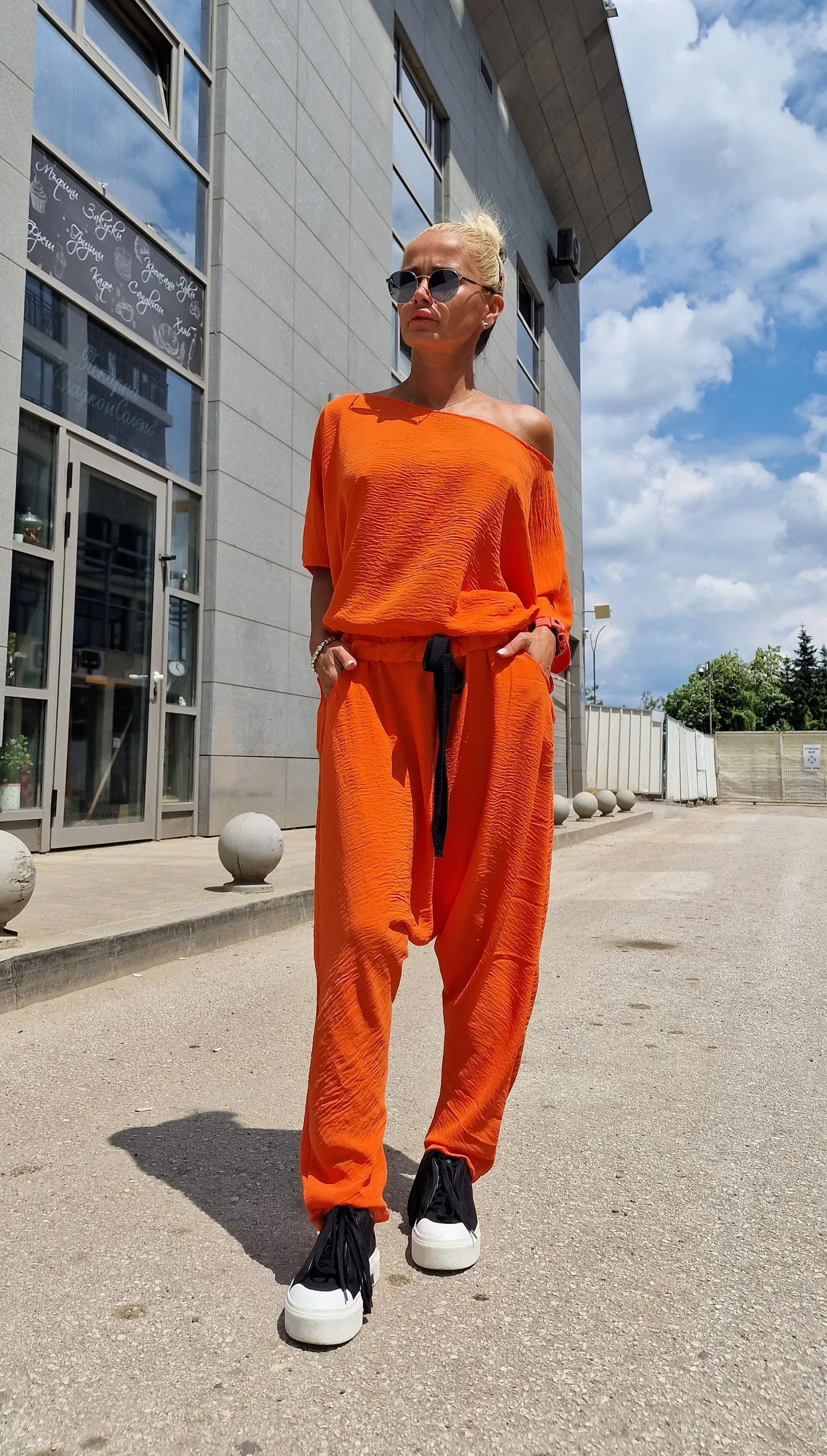 Orange Set, Two Parts Women Set, Baggy Pants with Loose Top , Asimetric Maxi Top, Harem Pants, Avant-garde Set