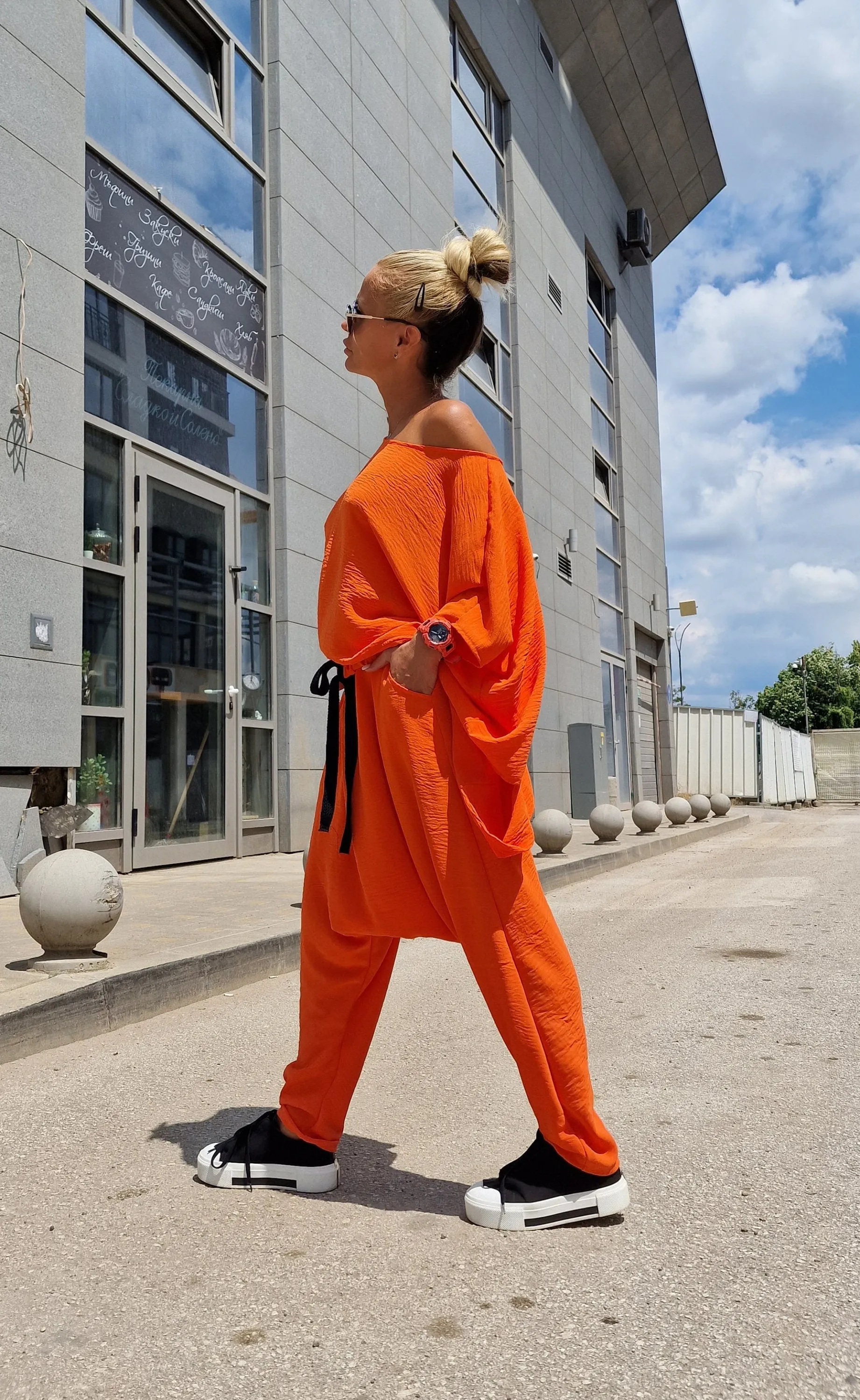 Orange Set, Two Parts Women Set, Baggy Pants with Loose Top , Asimetric Maxi Top, Harem Pants, Avant-garde Set