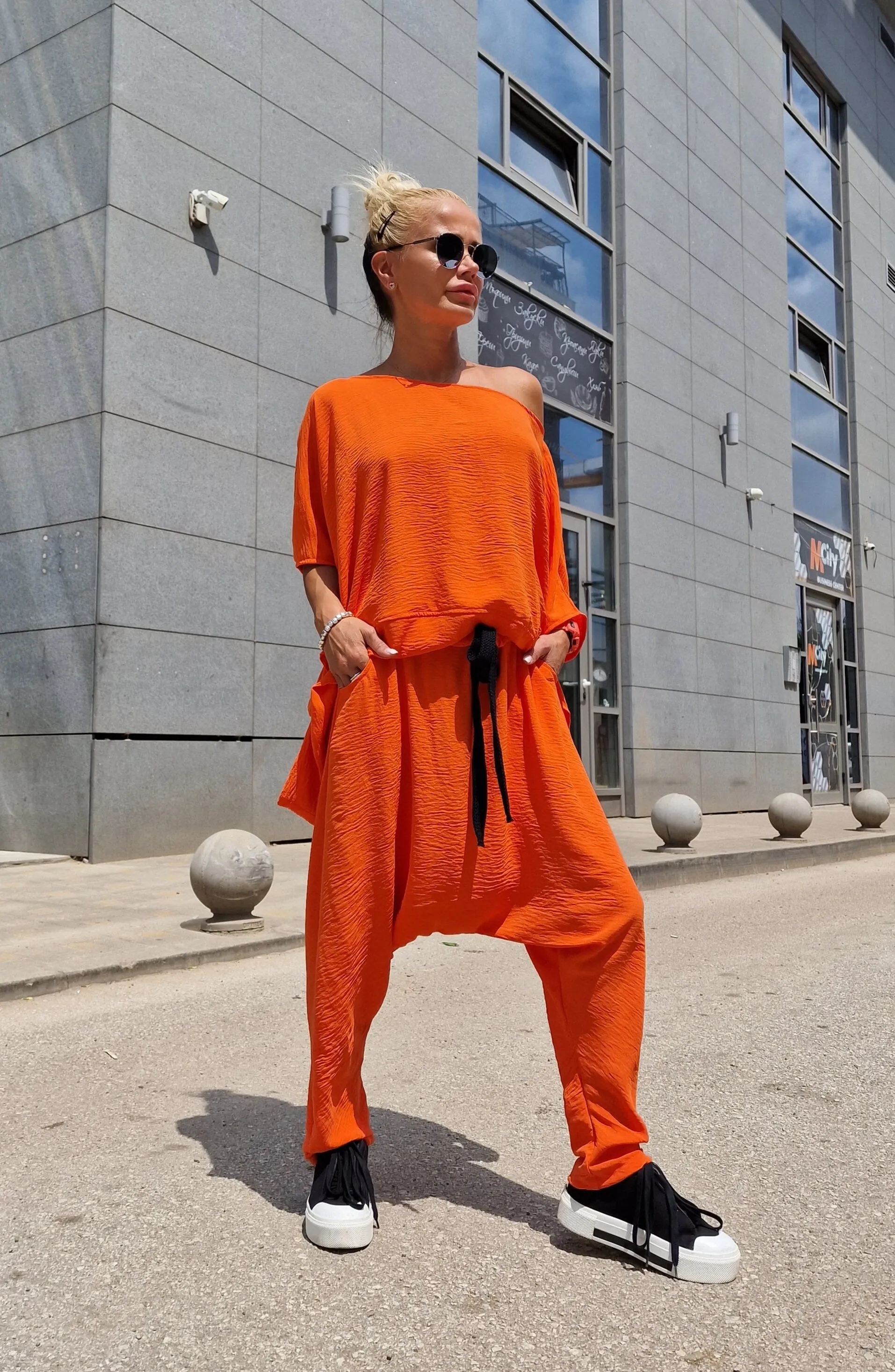 Orange Set, Two Parts Women Set, Baggy Pants with Loose Top , Asimetric Maxi Top, Harem Pants, Avant-garde Set