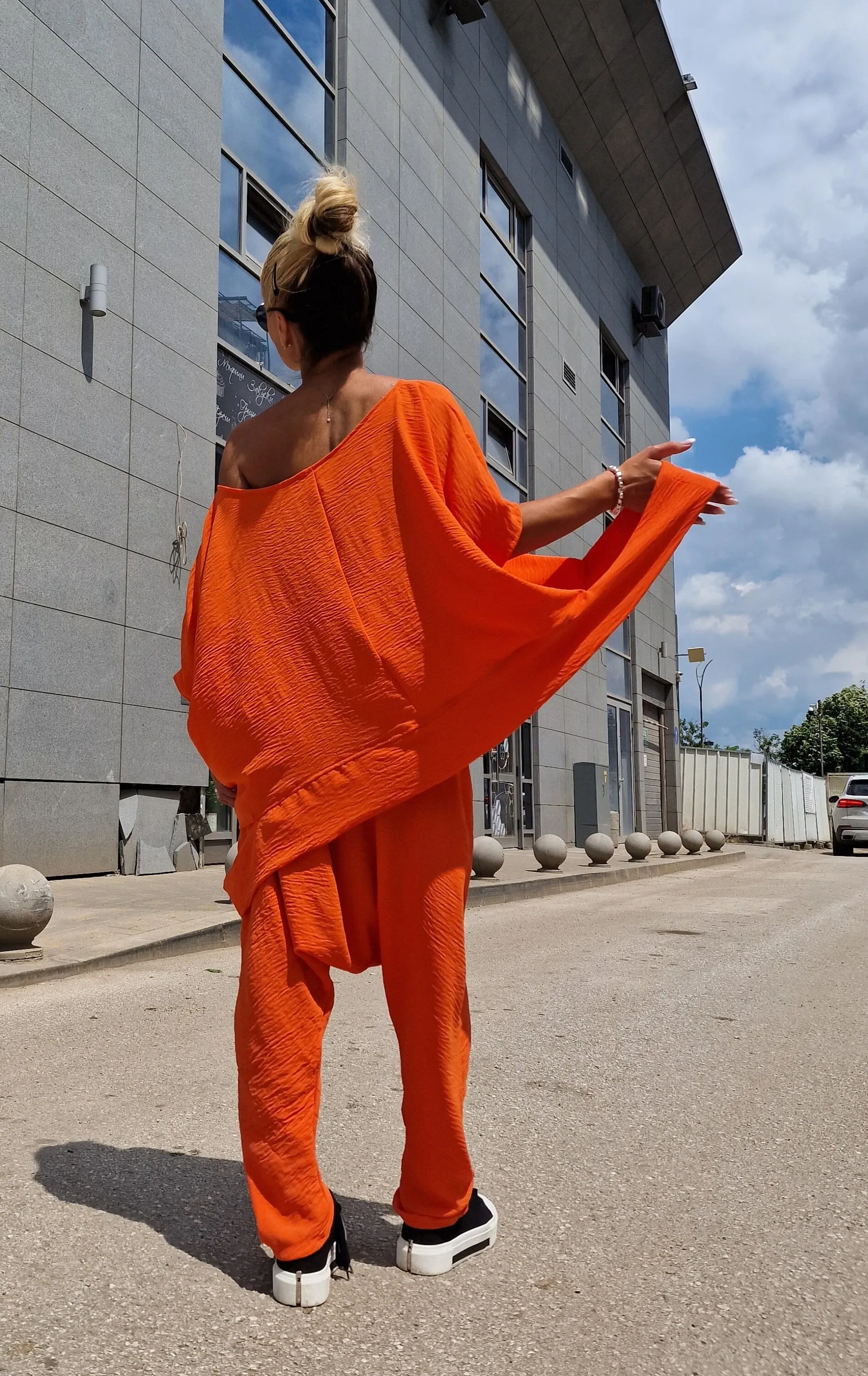 Orange Set, Two Parts Women Set, Baggy Pants with Loose Top , Asimetric Maxi Top, Harem Pants, Avant-garde Set