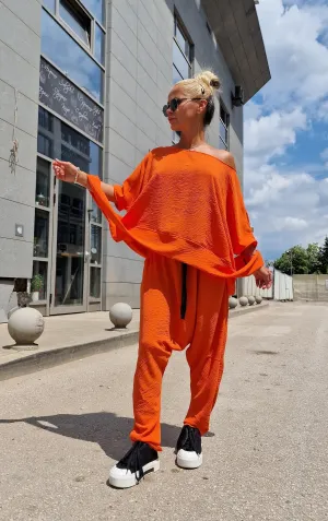 Orange Set, Two Parts Women Set, Baggy Pants with Loose Top , Asimetric Maxi Top, Harem Pants, Avant-garde Set