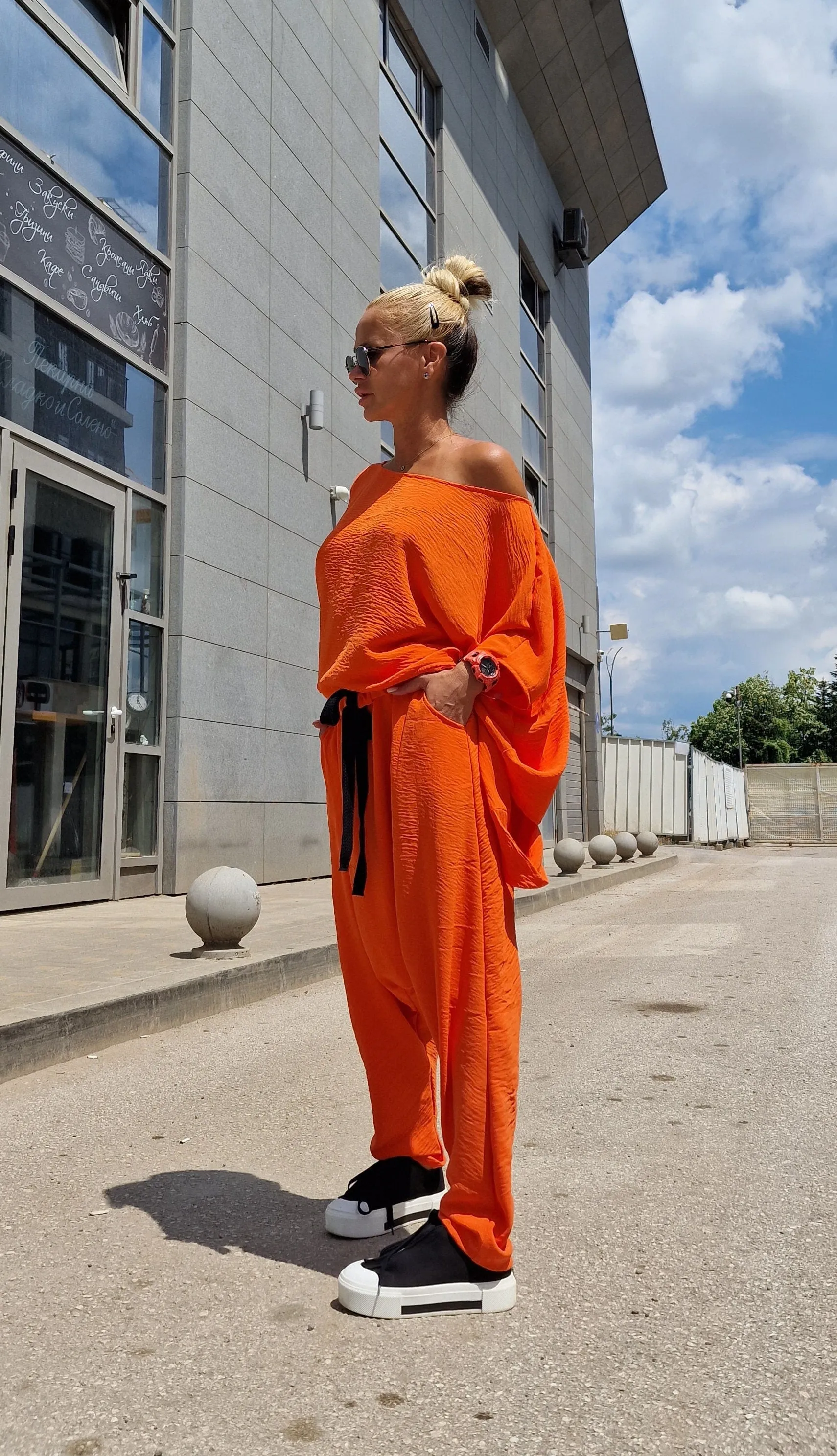 Orange Set, Two Parts Women Set, Baggy Pants with Loose Top , Asimetric Maxi Top, Harem Pants, Avant-garde Set