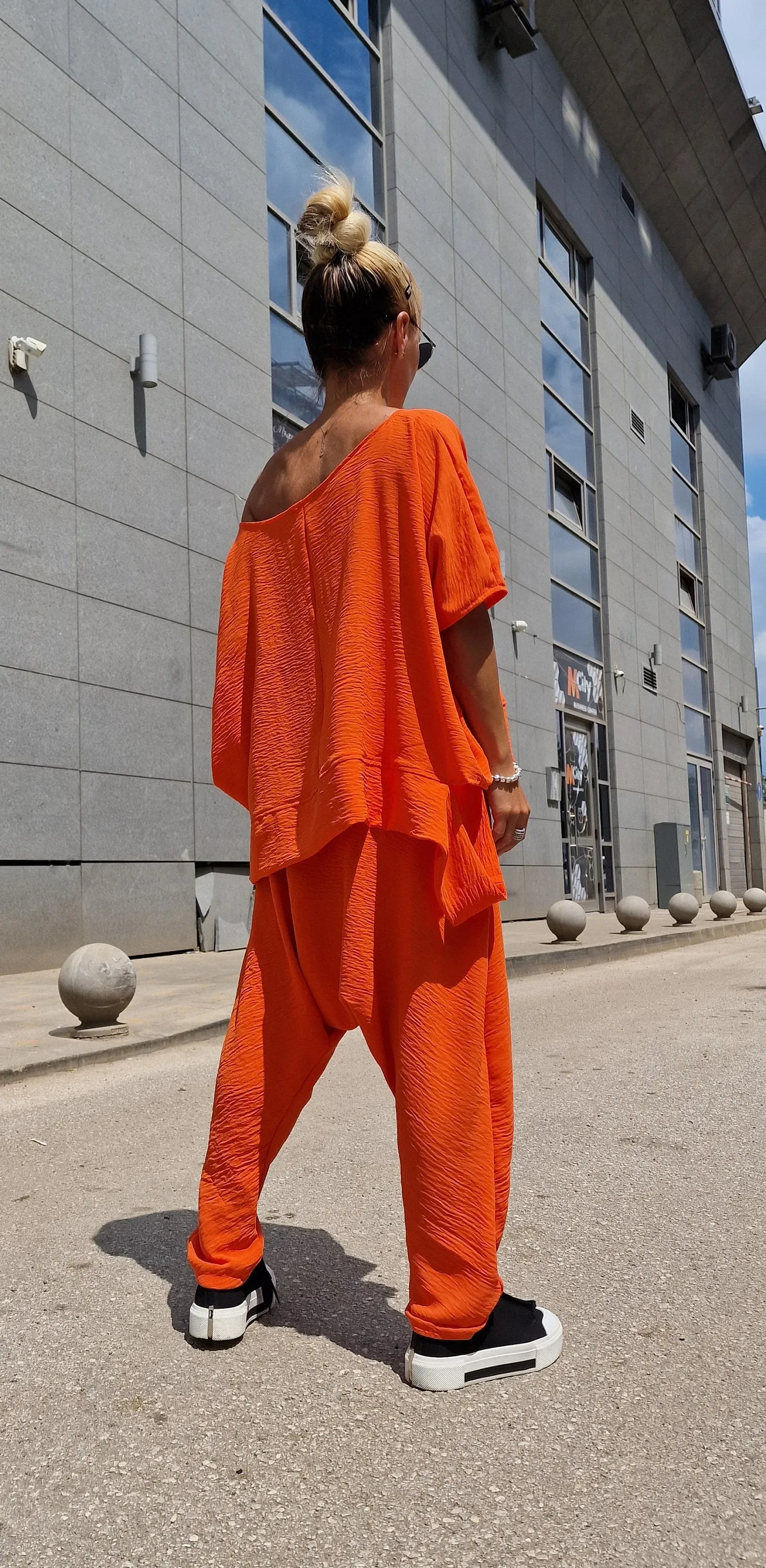 Orange Set, Two Parts Women Set, Baggy Pants with Loose Top , Asimetric Maxi Top, Harem Pants, Avant-garde Set
