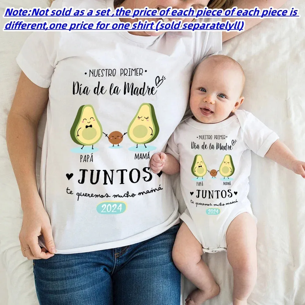 Our First Mother's Day Family Matching Outfit Pattern Print Family Set Short Sleeve Crew Neck Outfits Mothers Day Best Gift