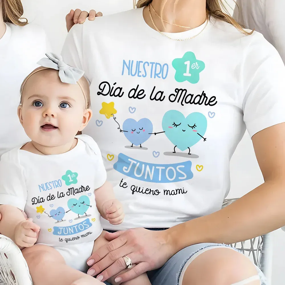 Our First Mother's Day Family Matching Outfit Pattern Print Family Set Short Sleeve Crew Neck Outfits Mothers Day Best Gift