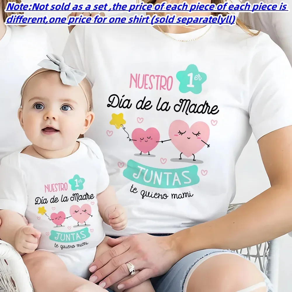 Our First Mother's Day Family Matching Outfit Pattern Print Family Set Short Sleeve Crew Neck Outfits Mothers Day Best Gift