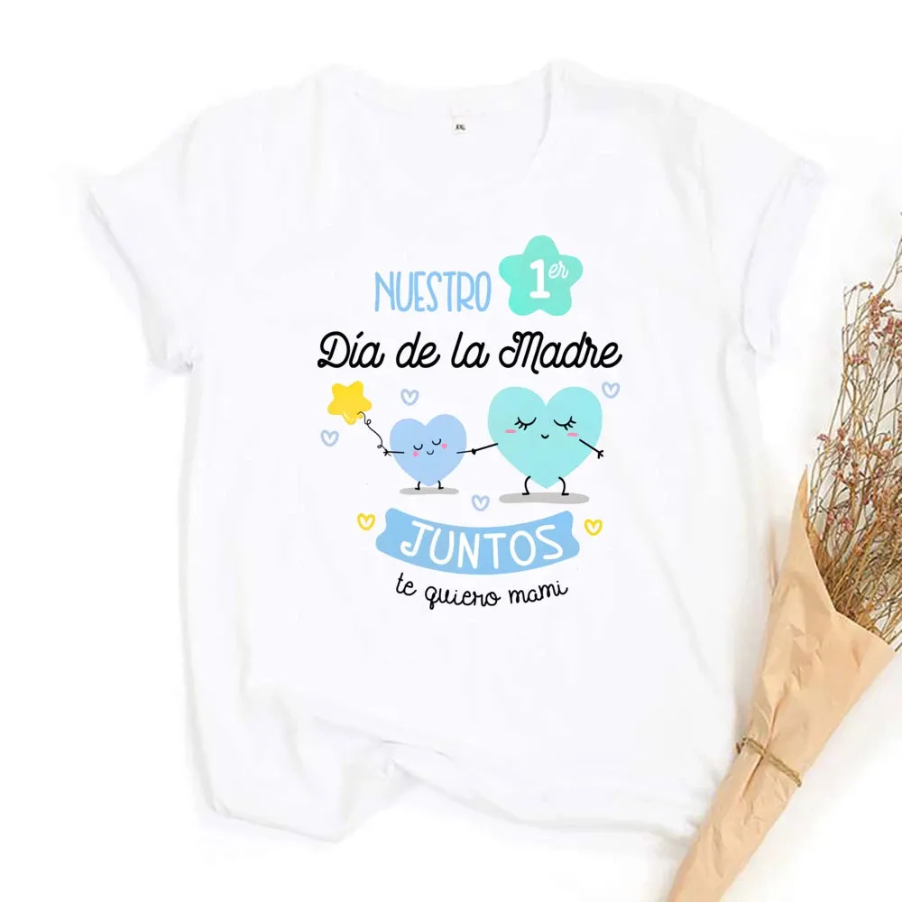Our First Mother's Day Family Matching Outfit Pattern Print Family Set Short Sleeve Crew Neck Outfits Mothers Day Best Gift