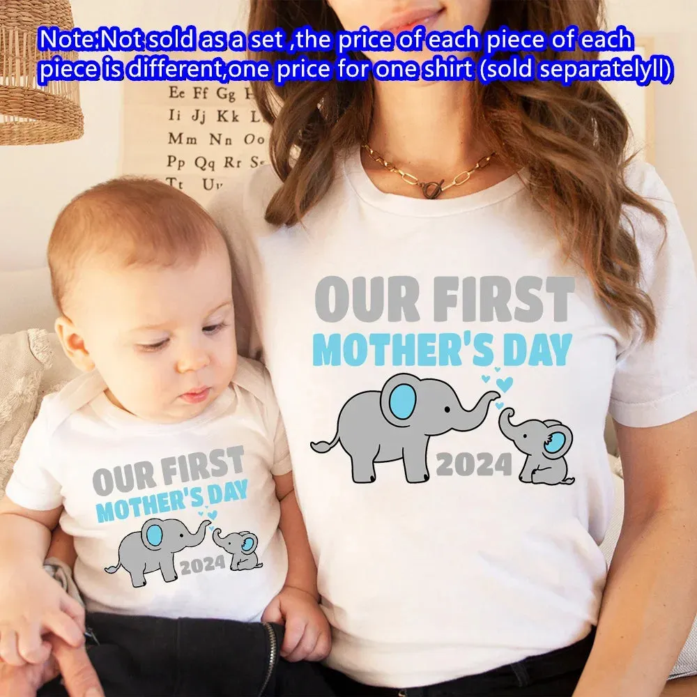 Our First Mother's Day Family Matching Outfit Pattern Print Family Set Short Sleeve Crew Neck Outfits Mothers Day Best Gift
