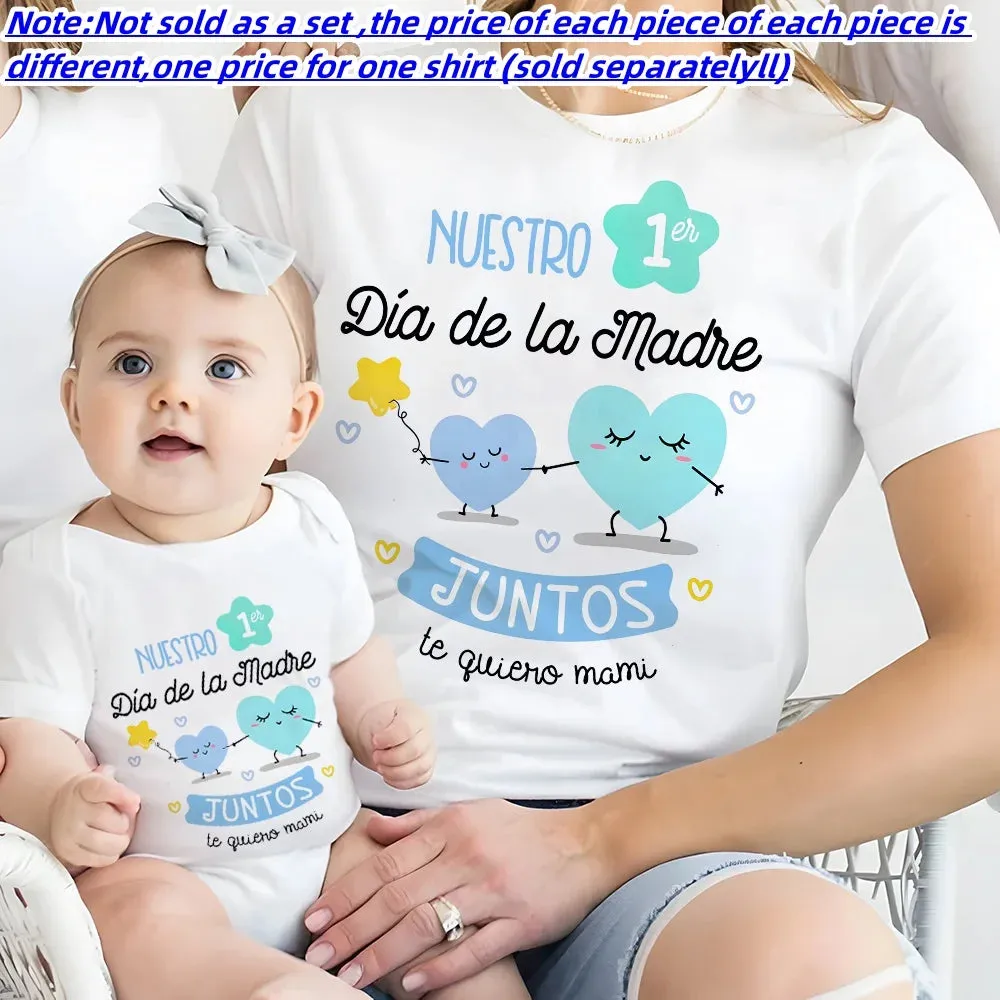 Our First Mother's Day Family Matching Outfit Pattern Print Family Set Short Sleeve Crew Neck Outfits Mothers Day Best Gift