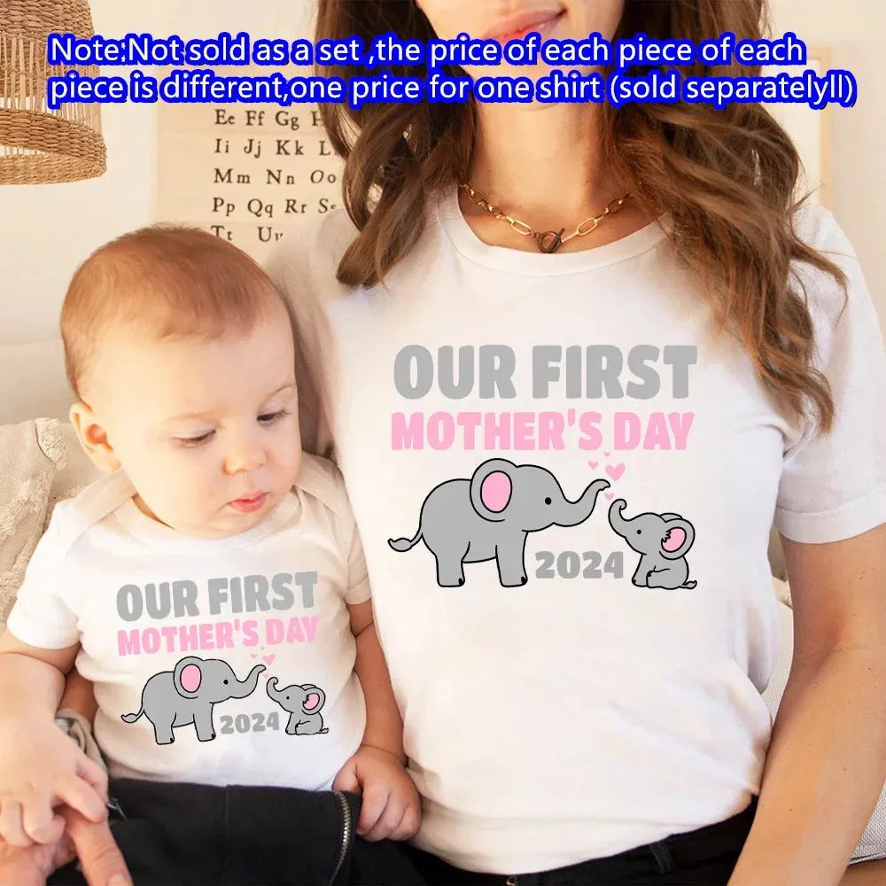 Our First Mother's Day Family Matching Outfit Pattern Print Family Set Short Sleeve Crew Neck Outfits Mothers Day Best Gift