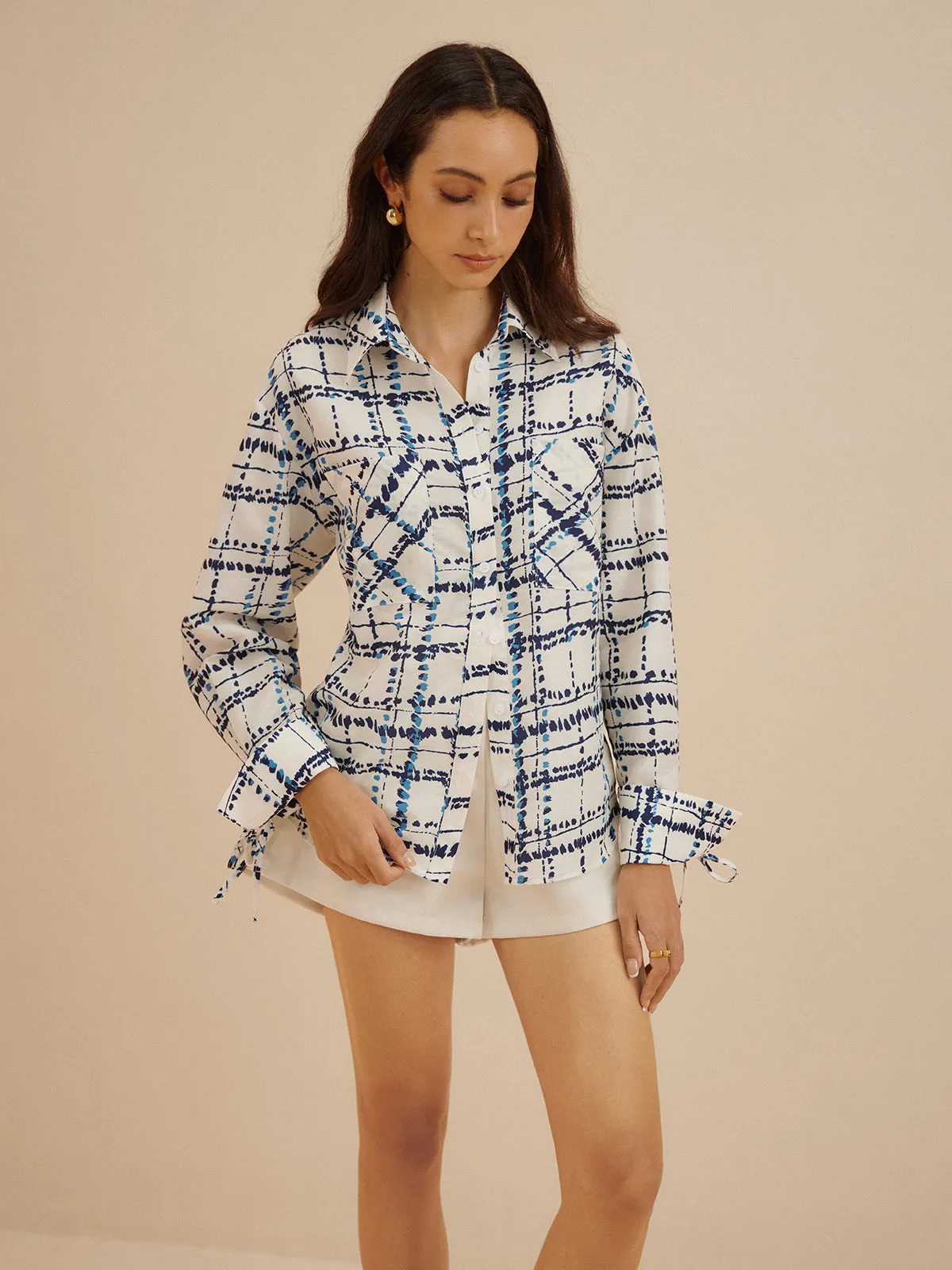 Oversized Lapel Plaid Printed Pockets Shirt