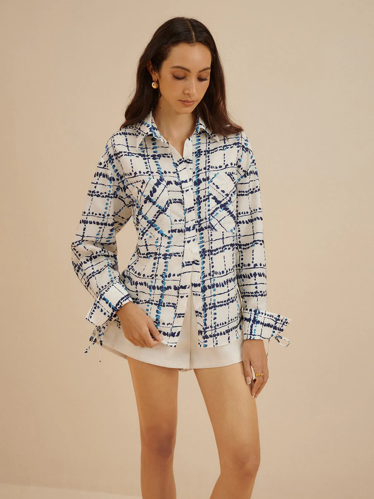 Oversized Lapel Plaid Printed Pockets Shirt