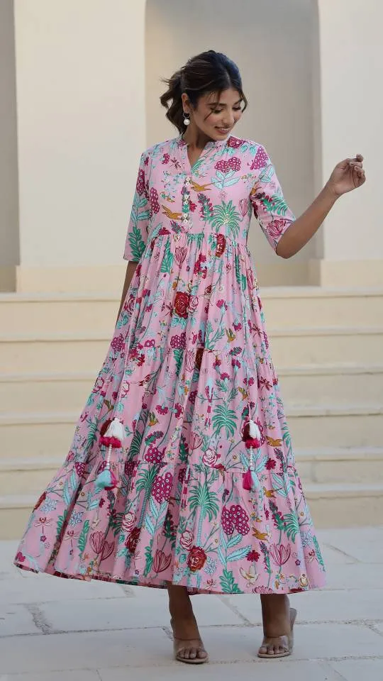 Pink Floral Maxi Dress with Whimsical Garden Print