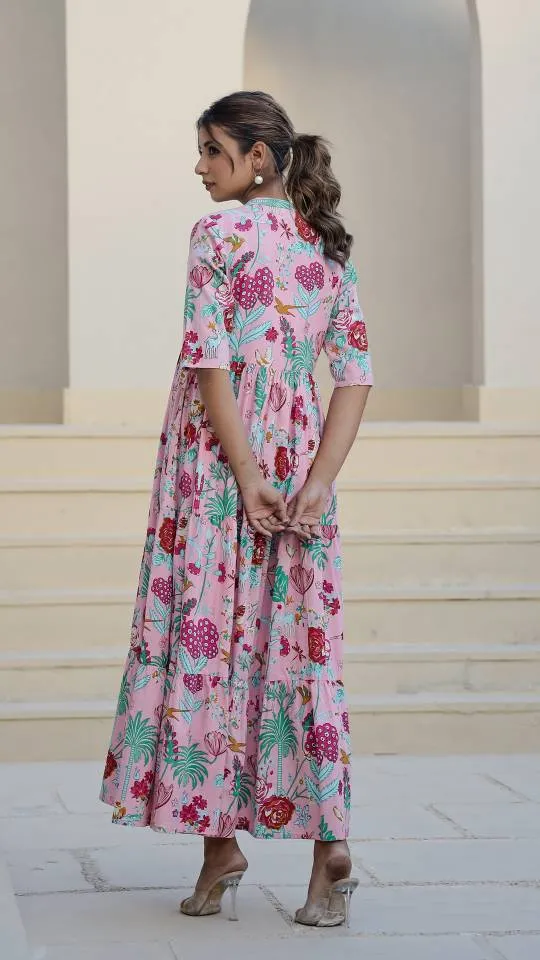 Pink Floral Maxi Dress with Whimsical Garden Print