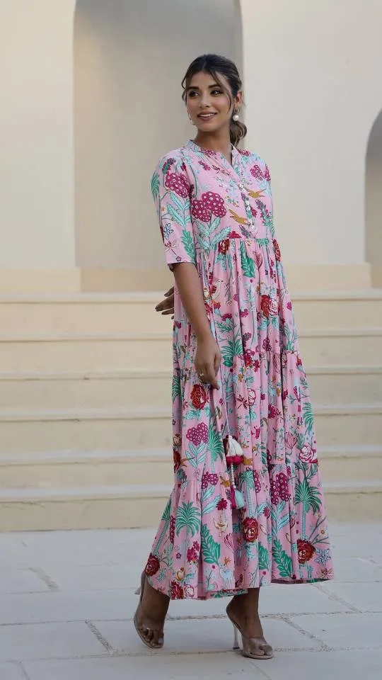Pink Floral Maxi Dress with Whimsical Garden Print
