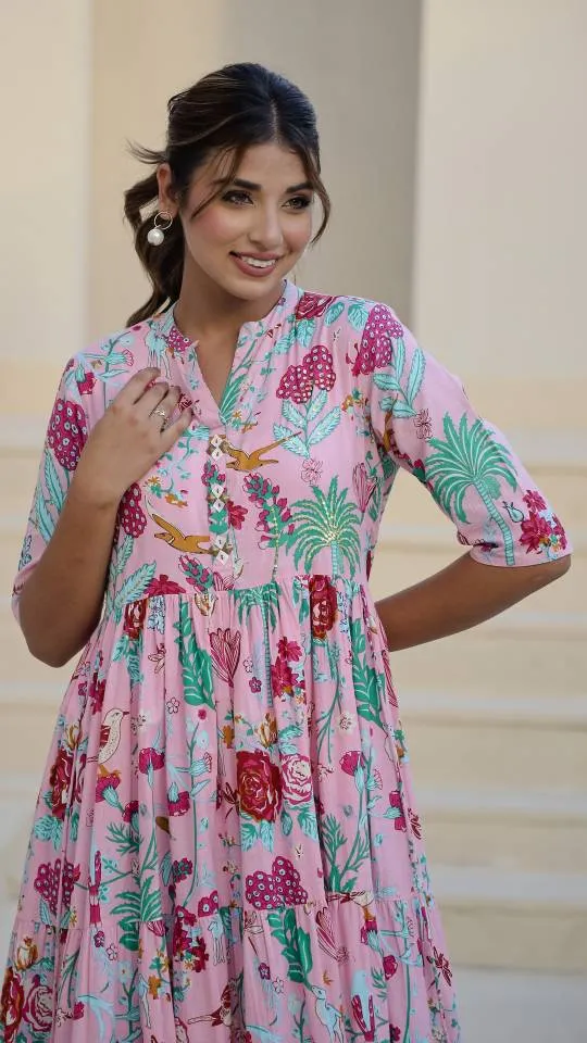 Pink Floral Maxi Dress with Whimsical Garden Print