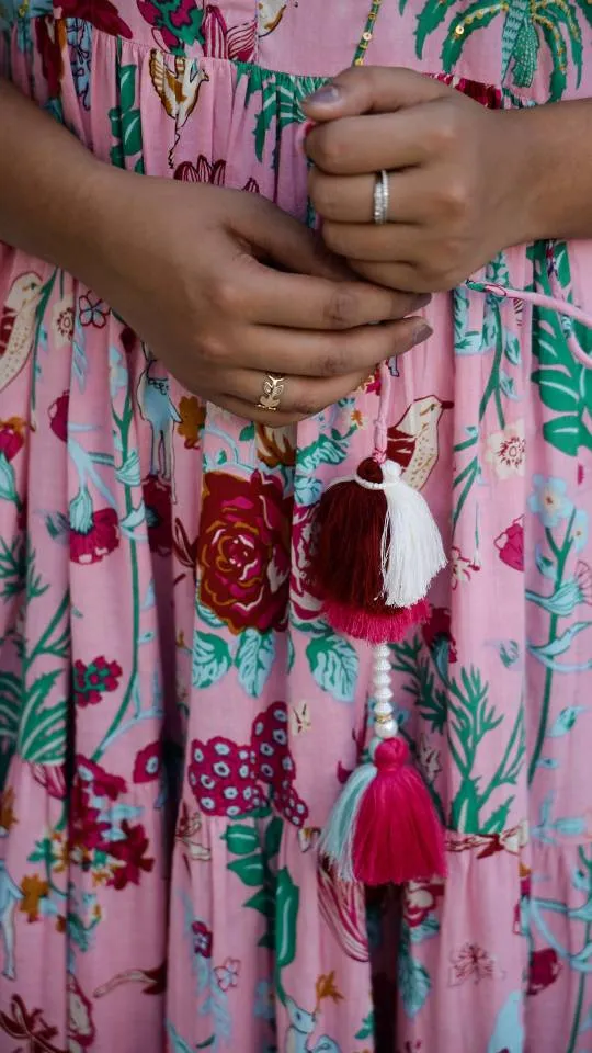 Pink Floral Maxi Dress with Whimsical Garden Print