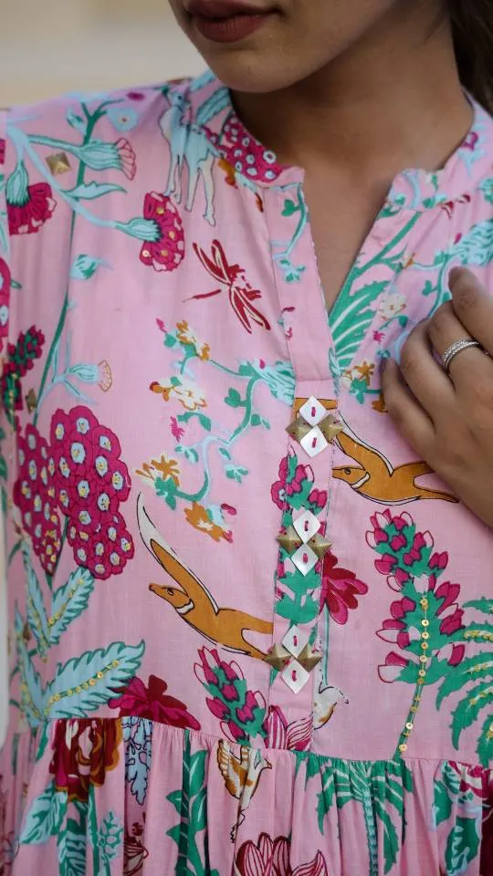 Pink Floral Maxi Dress with Whimsical Garden Print