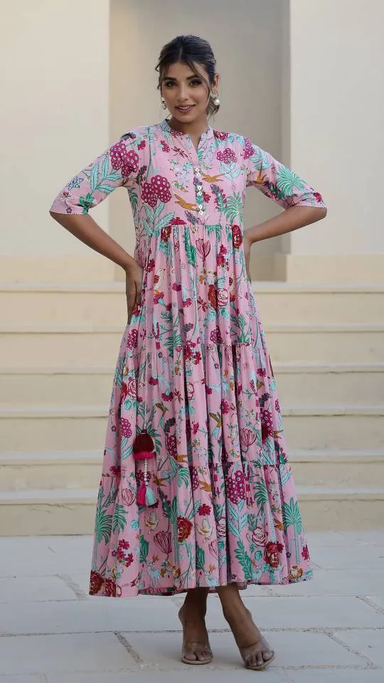 Pink Floral Maxi Dress with Whimsical Garden Print