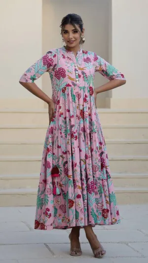 Pink Floral Maxi Dress with Whimsical Garden Print