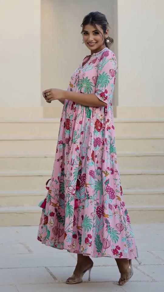 Pink Floral Maxi Dress with Whimsical Garden Print
