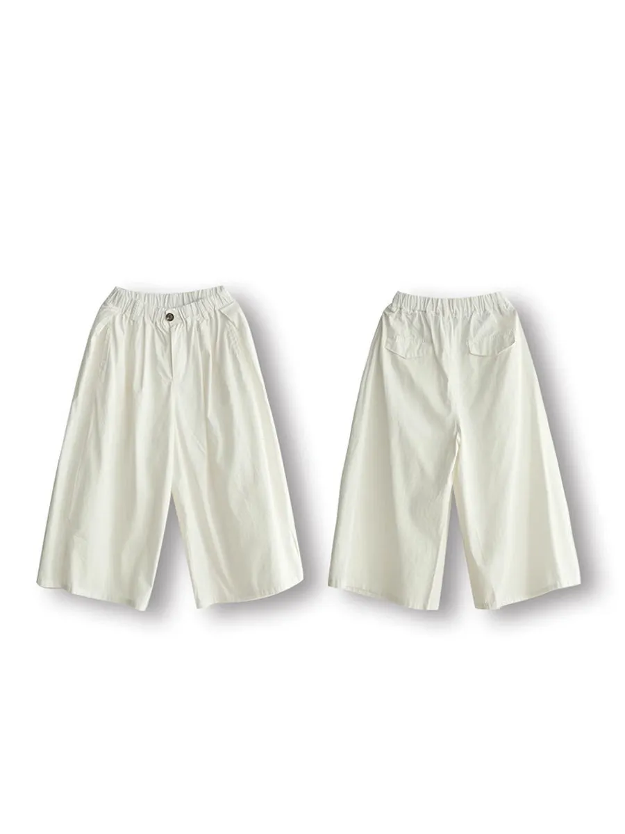 Plus Size Women Summer Casual Solid Pocket Wide-leg Cotton Pants
