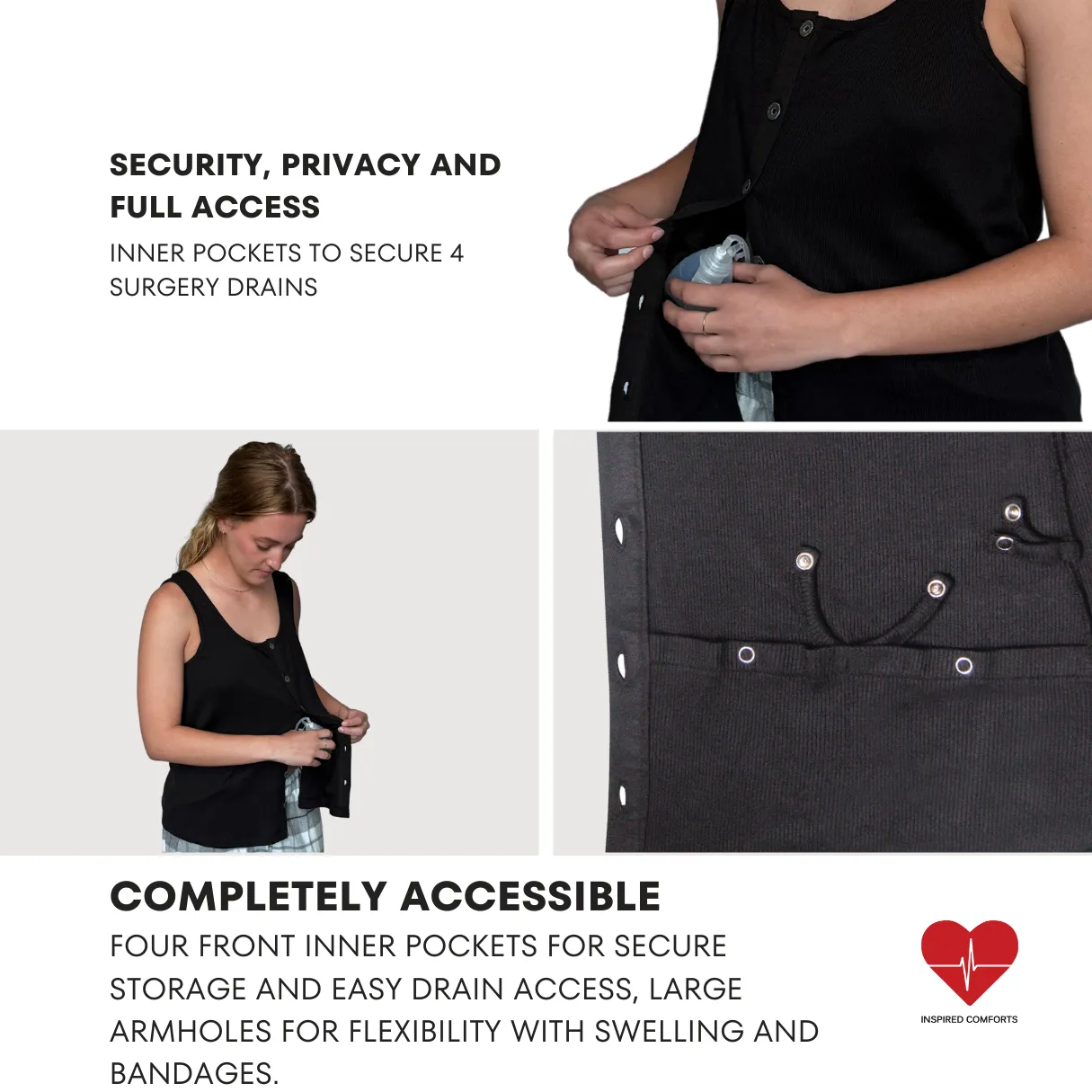 Post Surgery Mastectomy Recovery Ribbed Tank Tops with Drain Pocket & Button Front