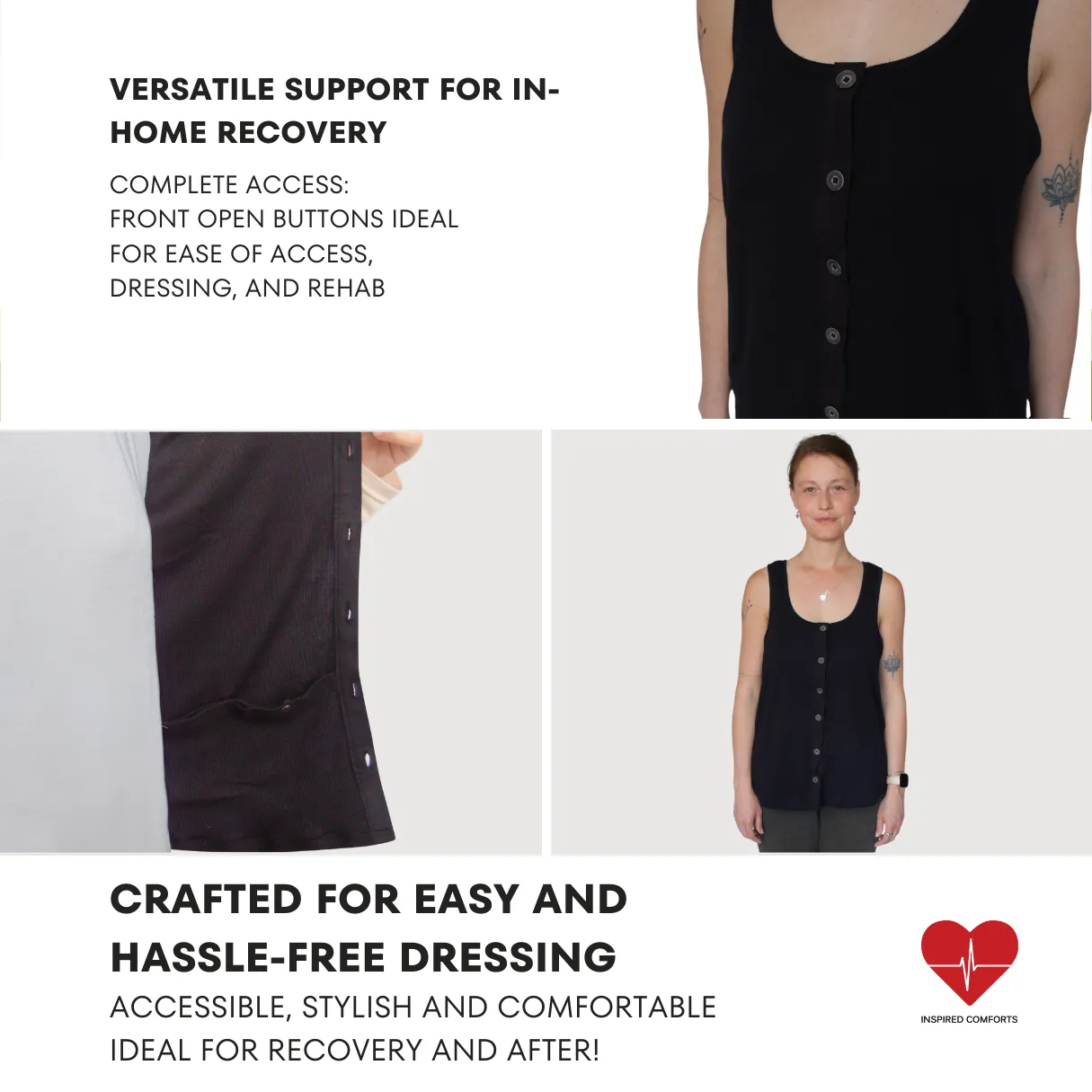 Post Surgery Mastectomy Recovery Ribbed Tank Tops with Drain Pocket & Button Front