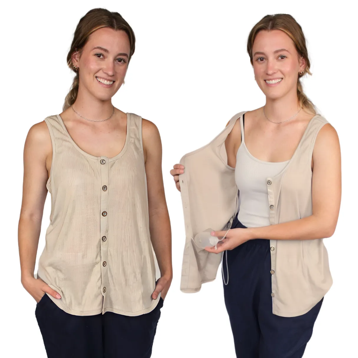 Post Surgery Mastectomy Recovery Ribbed Tank Tops with Drain Pocket & Button Front