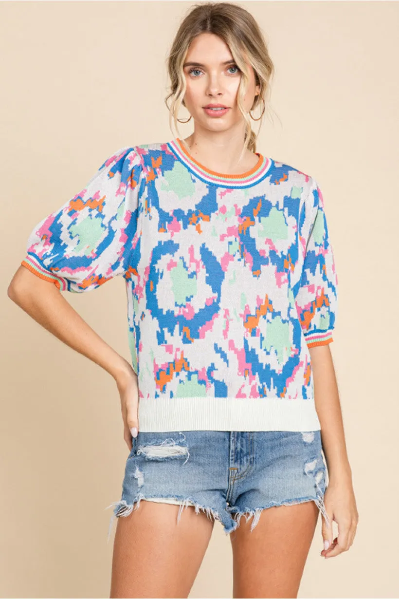 Print Knit Top W/U-Neck, Short Bubble Sleeves, Stretch-Band Cuffs Striped