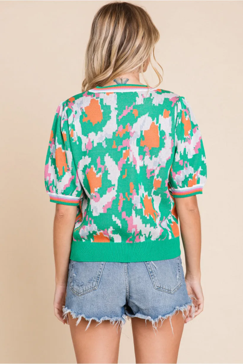 Print Knit Top W/U-Neck, Short Bubble Sleeves, Stretch-Band Cuffs Striped