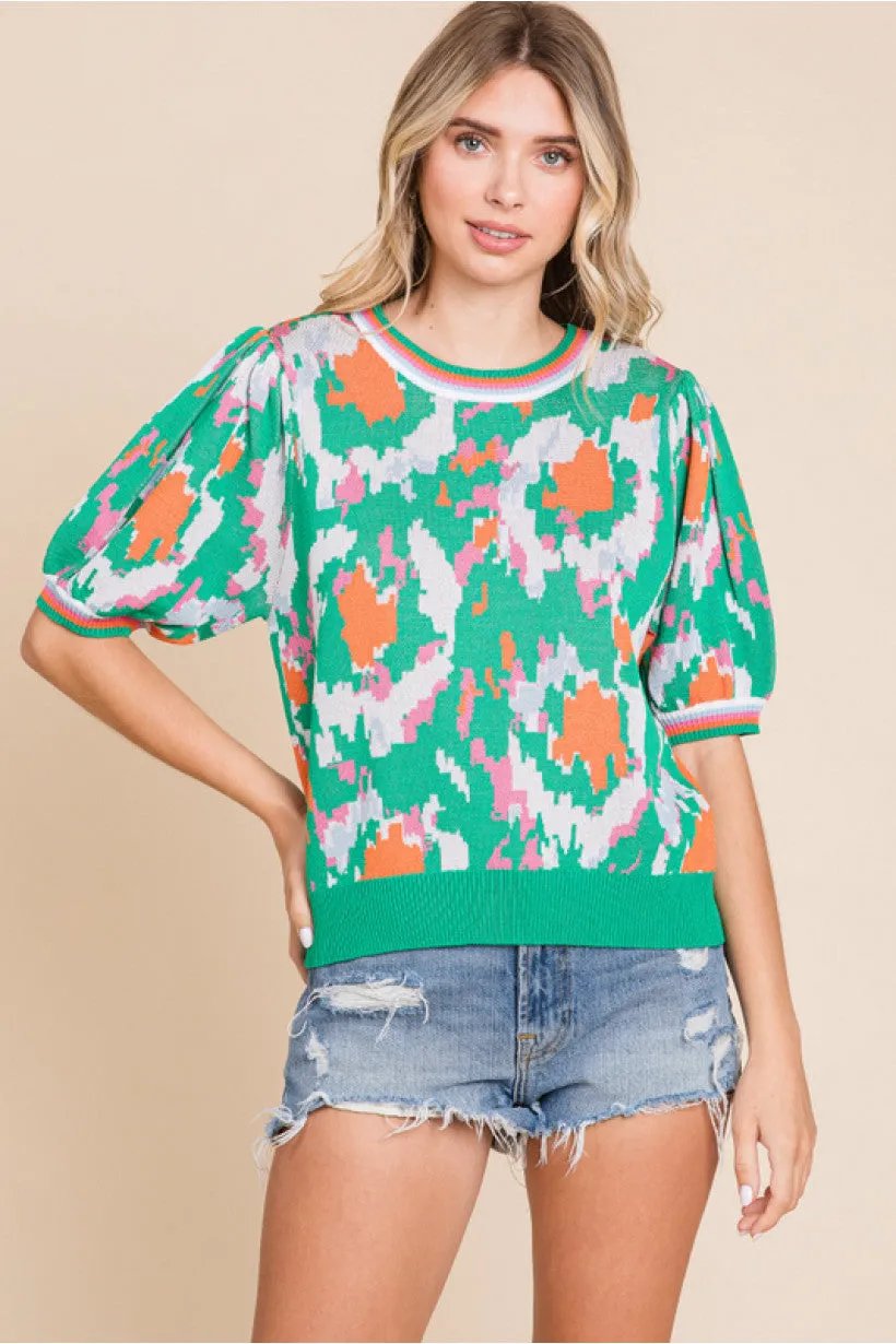 Print Knit Top W/U-Neck, Short Bubble Sleeves, Stretch-Band Cuffs Striped