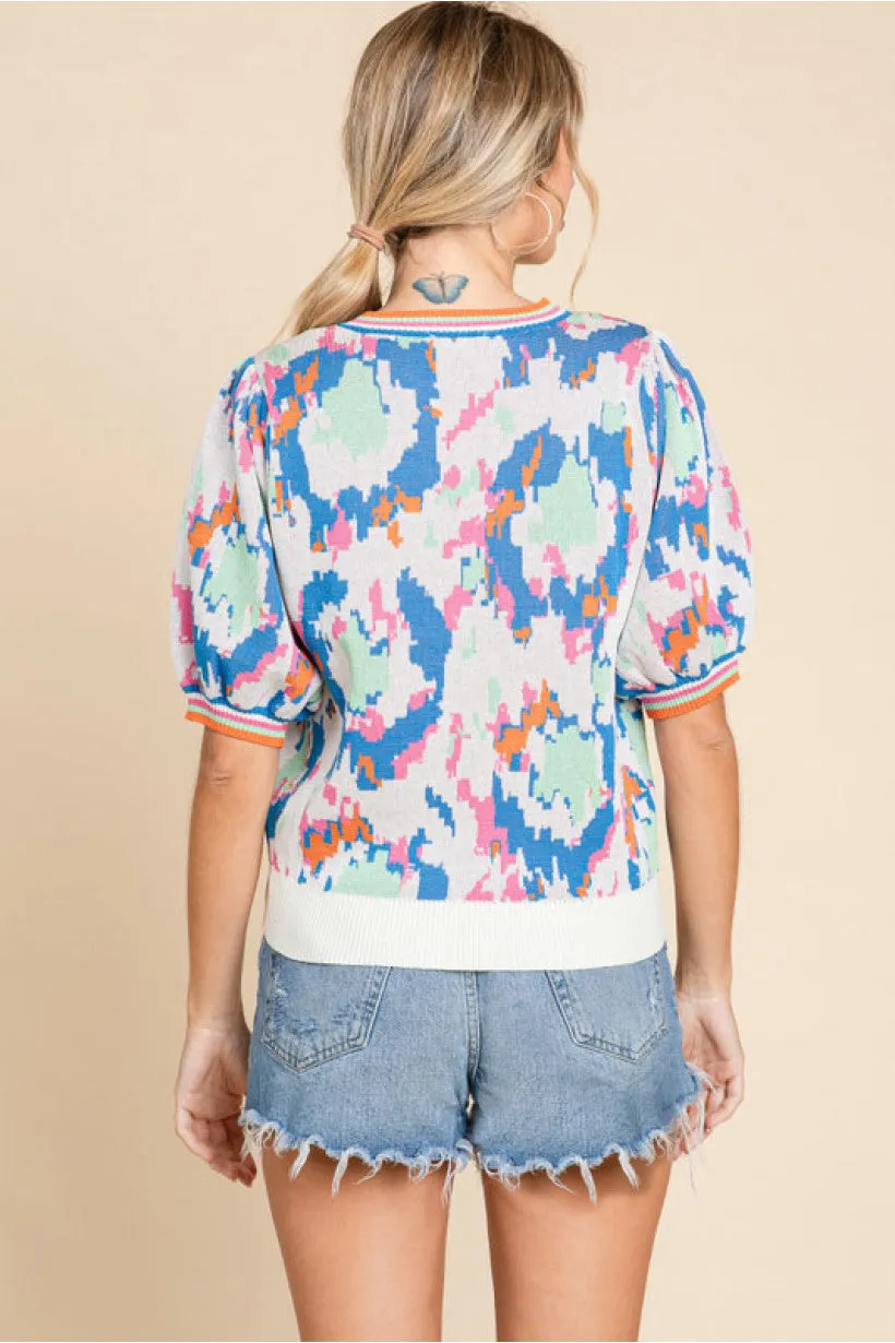 Print Knit Top W/U-Neck, Short Bubble Sleeves, Stretch-Band Cuffs Striped