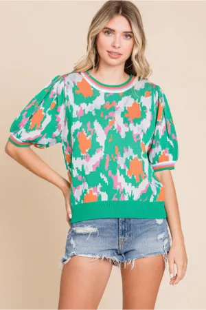 Print Knit Top W/U-Neck, Short Bubble Sleeves, Stretch-Band Cuffs Striped