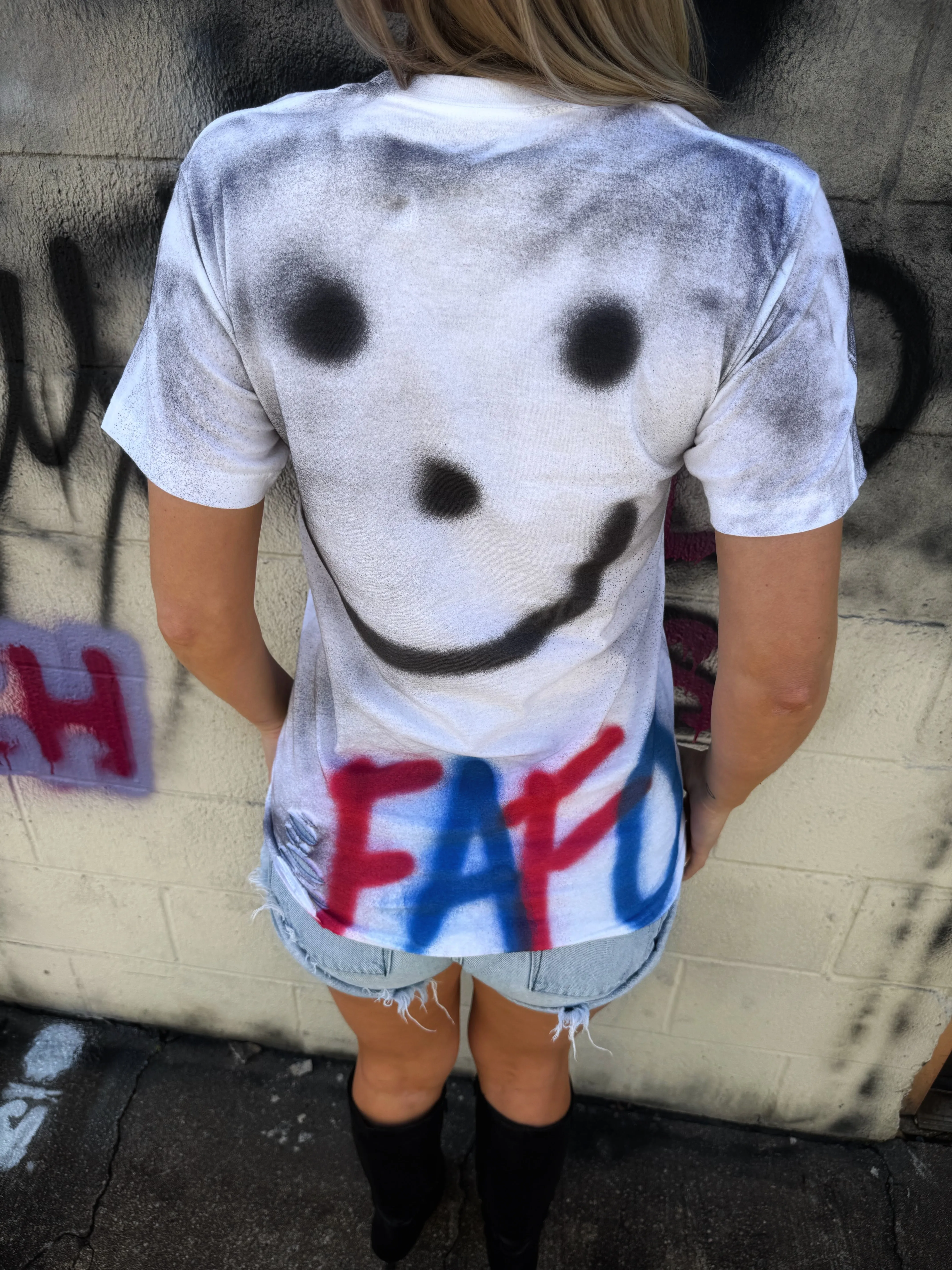 PUNK RED AND BLUE FAFO ROAD RASH WHITE TEE