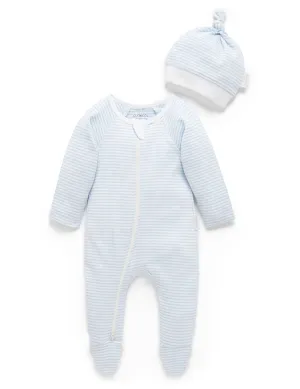 Purebaby Organic Growsuit & Hat Set - Blue Melange Stripe