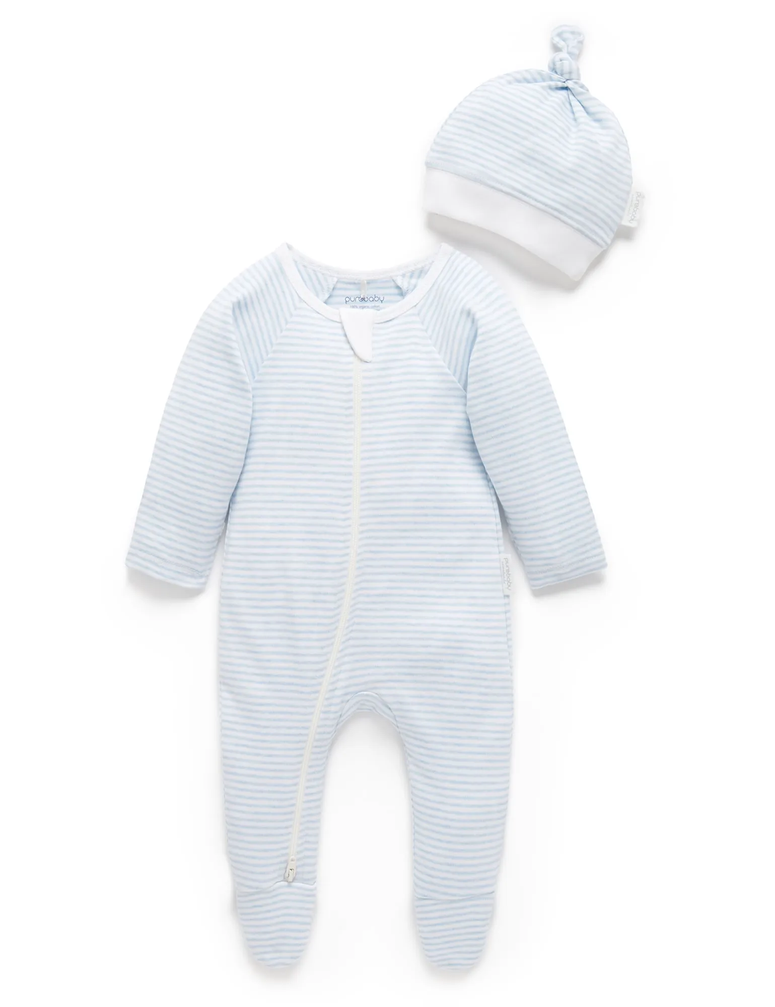 Purebaby Organic Growsuit & Hat Set - Blue Melange Stripe