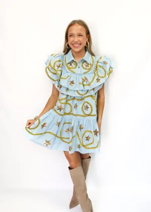 Queen of Sparkles Light Blue Star & Rope Ruffle Dress